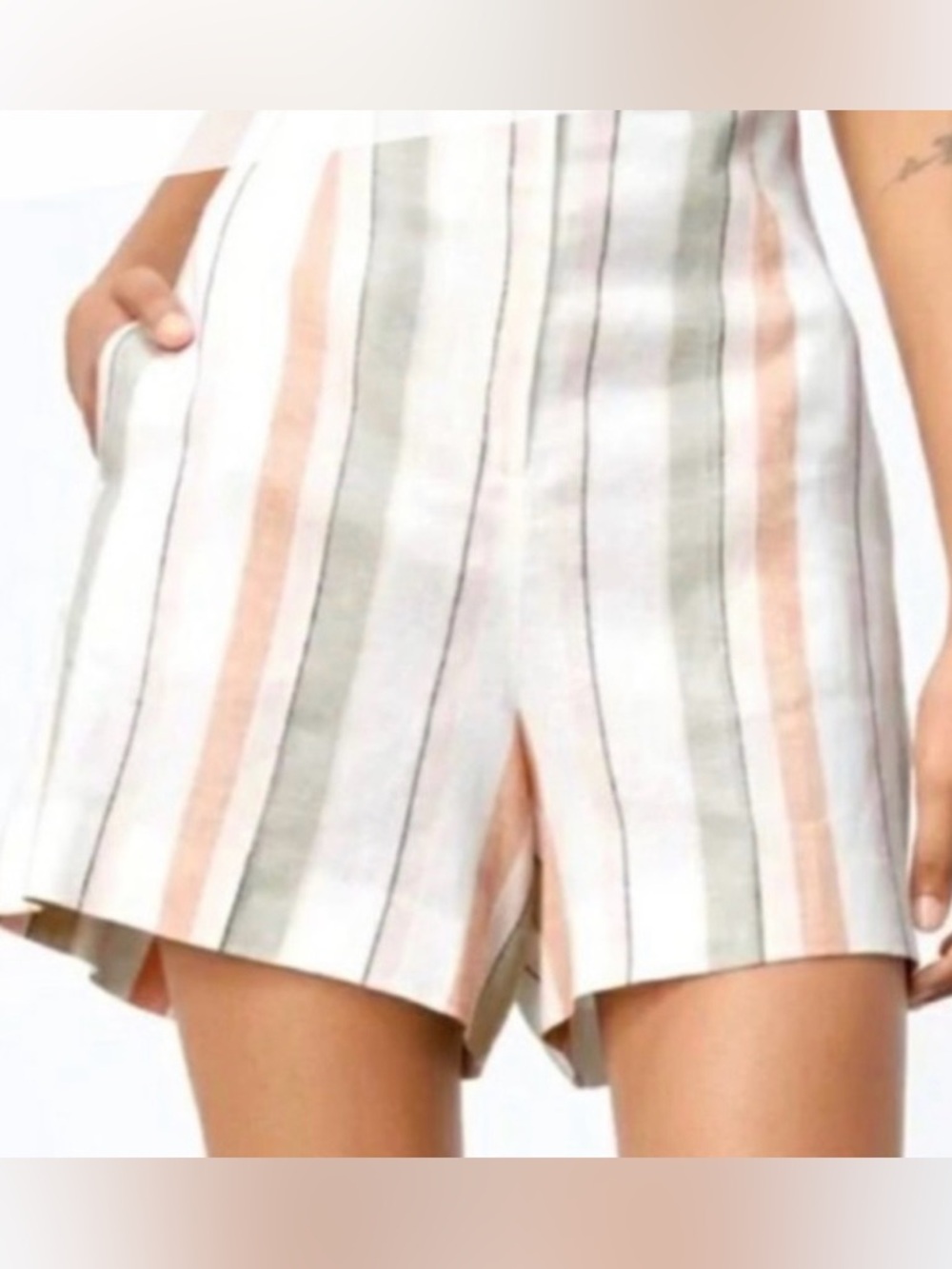 Zara Striped High-Waist Shorts in White, Peach & Sage